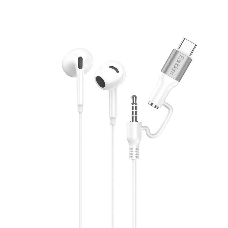 Earldom ET-E76 white wired earbuds with 3.5mm plug and USB-C adapter