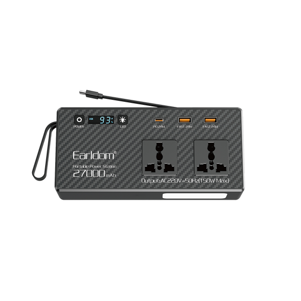 Earldom 27000mAh Car Power Inverter – 150W AC Output, 2 AC Outlets + USB-C PD60W + USB-A, Built-in Battery for Portable Power