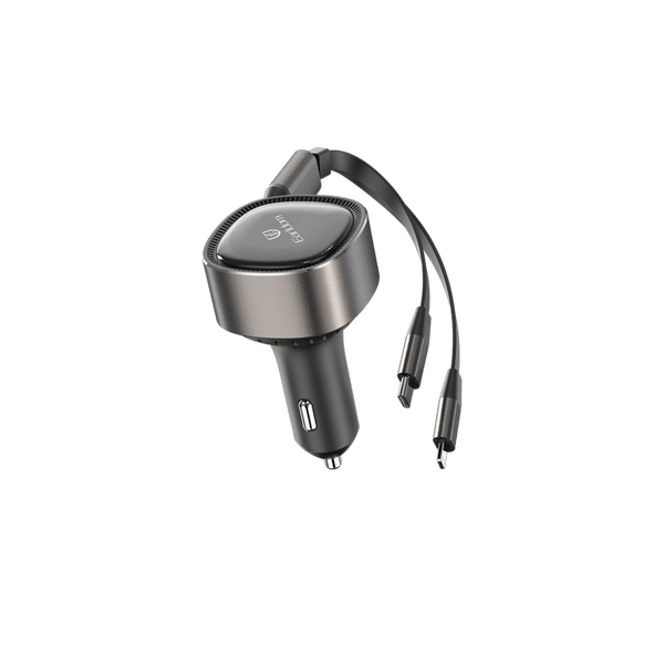 Earldom 30W Car Charger with Retractable Cables – Built-in Lightning & USB-C, PD30W + 25W, 100cm Extendable