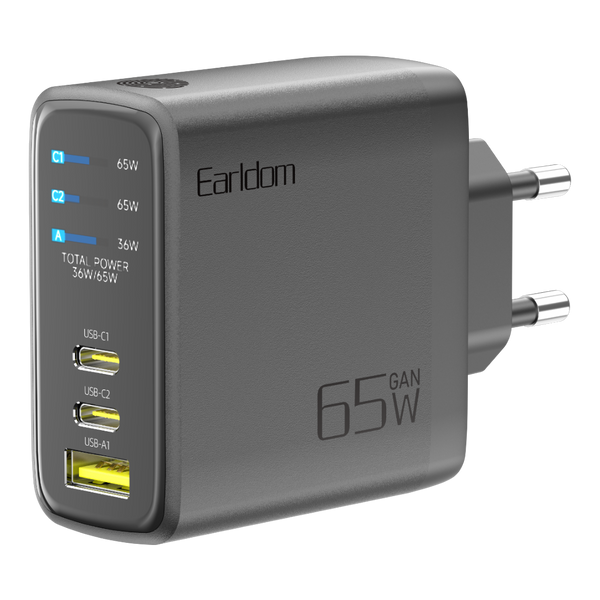 Earldom ES-EU59 65W GaN charger, 2 USB-C and USB-A with power display, EU plug