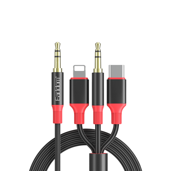 Earldom 3-in-1 3.5mm to Lightning + USB-C + 3.5mm Braided Audio Cable – 1.2M, Aluminum Alloy, Universal Audio Solution
