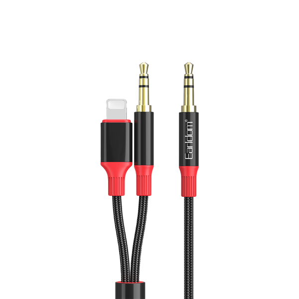 Earldom 2-in-1 3.5mm to Lightning + 3.5mm Audio Cable – 1.2M, Metal + Nylon, for iPhone, iPad, iOS Devices