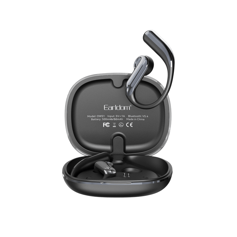 Earldom OWS1 open-ear earbuds in their open charging case