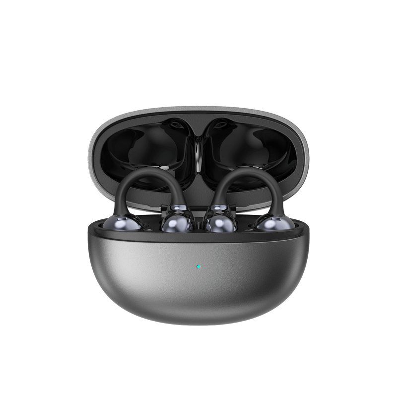 Earldom TWS47 OWS ear-clip earbuds in an open gray charging case