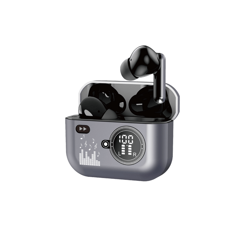 Earldom TWS50 earbuds in a zinc alloy charging case with LED display