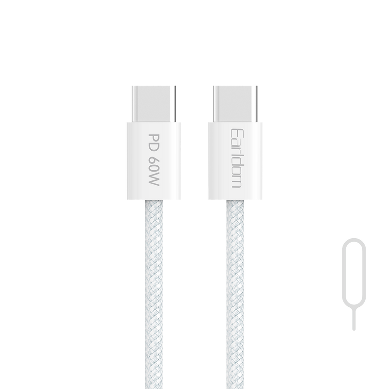 Earldom EC-202C-C white braided USB-C cable, PD 60W, with SIM eject pin