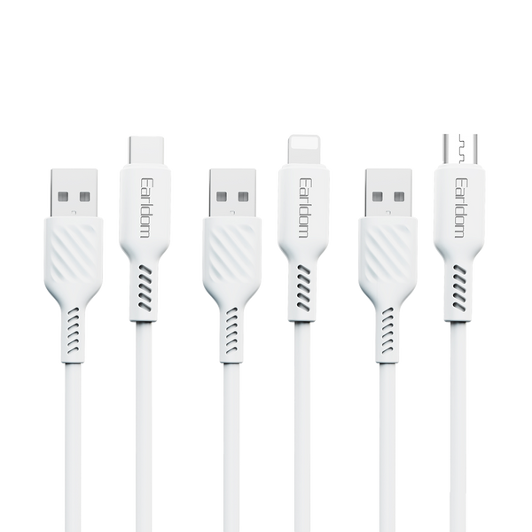 Earldom USB Charging Cable – 1M, PVC Jacket, 2A Fast Charging, Available in Micro USB, Lightning & USB-C – Black/White