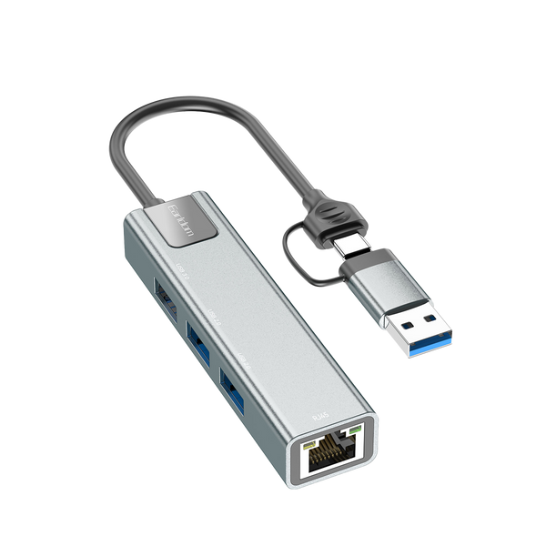 Earldom 2-in-1 USB 3.0 & Type-C Hub – 3 USB Ports + 100Mbps Ethernet, Aluminum Alloy, Plug & Play for Laptops