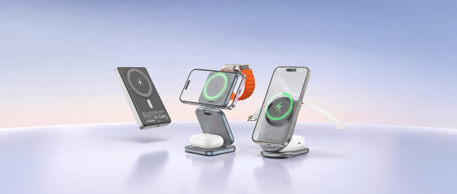 Earldom ET-WC54, ET-WC78 and ET-PD49 wireless chargers for iPhone and Apple Watch displayed side by side