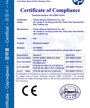 Earldom Bluetooth headset Certificate of Compliance