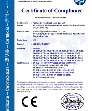 Earldom LED SELFIE LIGHT Certificate of Compliance