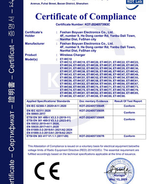 Earldom Wireless Charger Certificate of Compliance