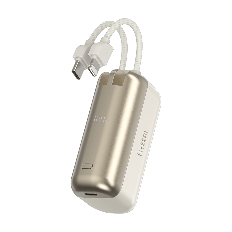 Earldom ET-PD68 mini power bank in champagne gold with built-in USB-C and Lightning cables
