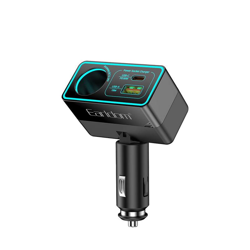 Earldom ET-CS5 120W car charger with one socket, USB-A and USB-C ports and blue light ring
