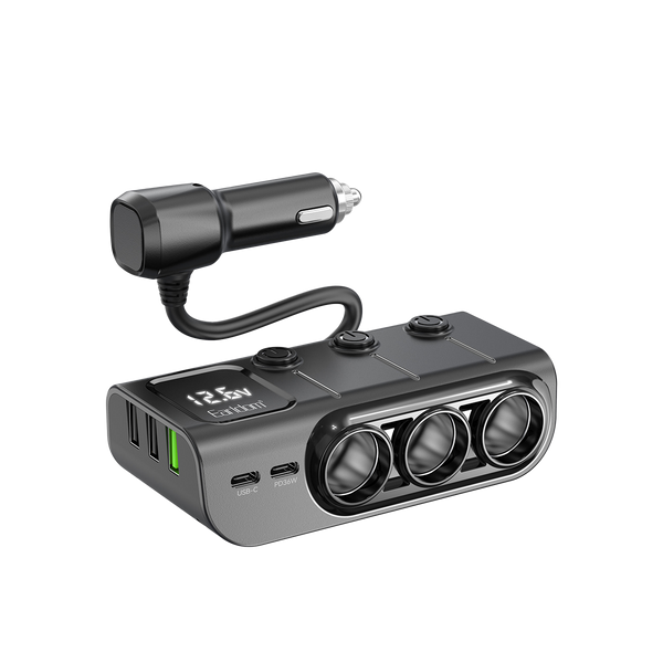 Earldom 120W Car Charger – 3 Sockets + 3 USB Ports + 2 PD Ports, LED Display, 36W PD Fast Charging for Car & Truck