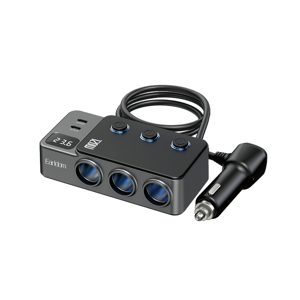 Earldom 120W Car Charger – 3 Sockets + 3 USB + 2 PD Ports, LED Current Display, 35W PD + QC3.0 for Car & Truck