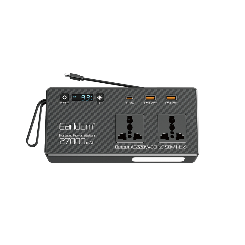 Earldom 27000mAh Car Power Inverter – 150W AC Output, 2 AC Outlets + USB-C PD60W + USB-A, Built-in Battery for Portable Power