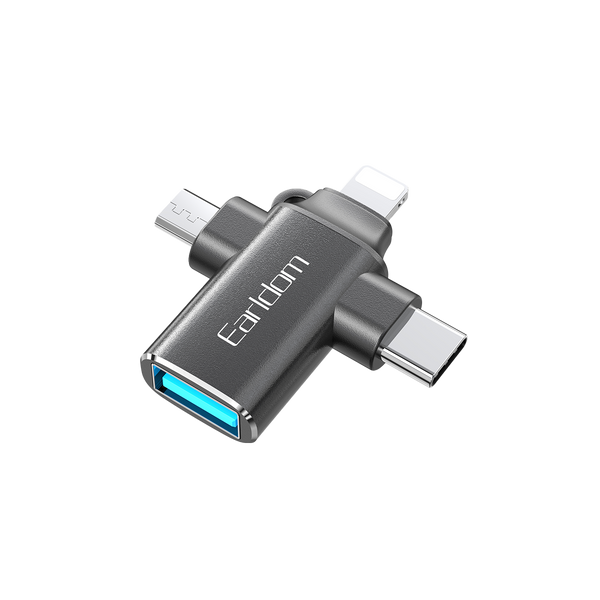 Earldom 3-in-1 OTG Adapter – USB-C + Lightning + Micro USB to USB-A, Aluminum Alloy, for iPhone, Android, Tablets