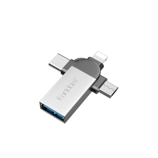 Earldom 3-in-1 OTG Adapter – USB-C + Lightning + Micro USB to USB-A, Aluminum Alloy, for iPhone, Android, Tablets