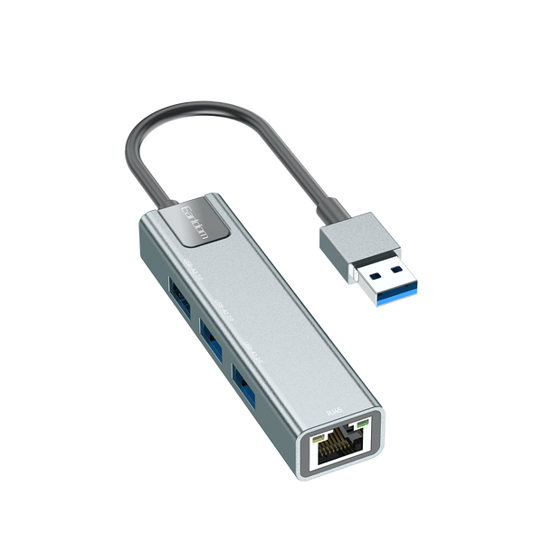 Earldom USB 3.0 Hub with 100Mbps Ethernet – 3 USB-A Ports, Gigabit Network Adapter, Plug & Play for Laptops & Desktops