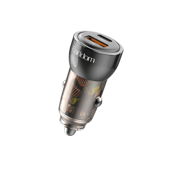 Earldom 30W PD + USB Car Charger – Transparent Housing, USB-C PD30W & USB-A QC30, 12-24V Input