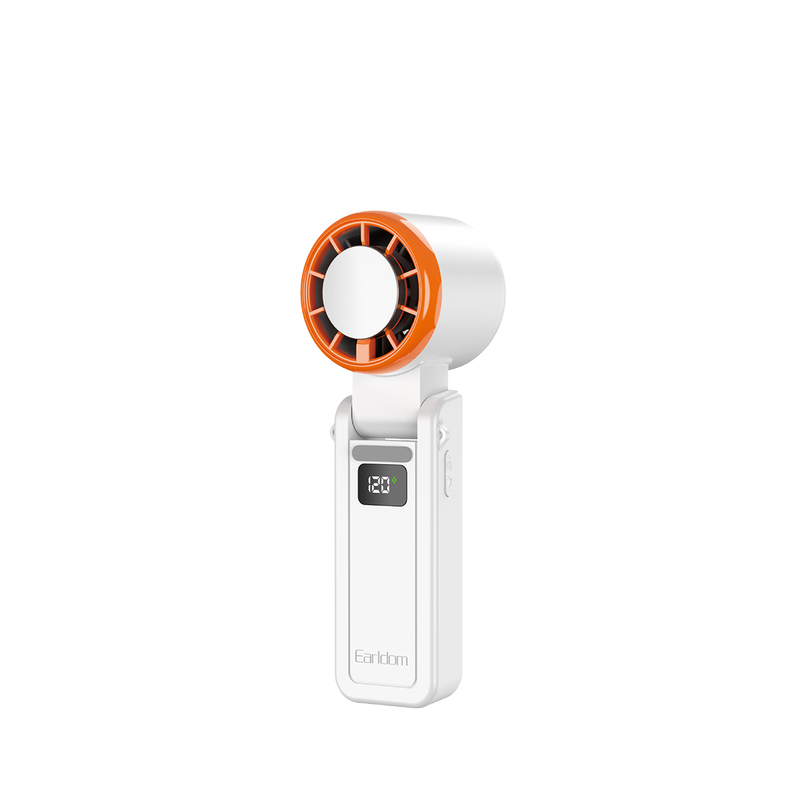 Earldom ET-F25 foldable handheld fan with digital display, white and orange