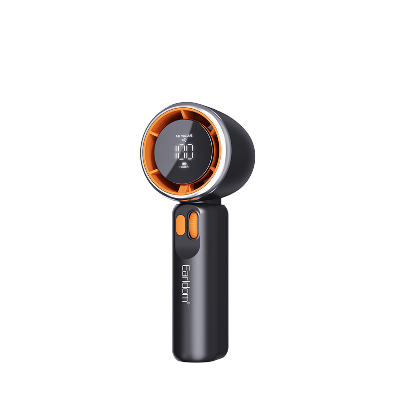 Earldom ET-F18 handheld turbo fan with digital display, dark grey and orange
