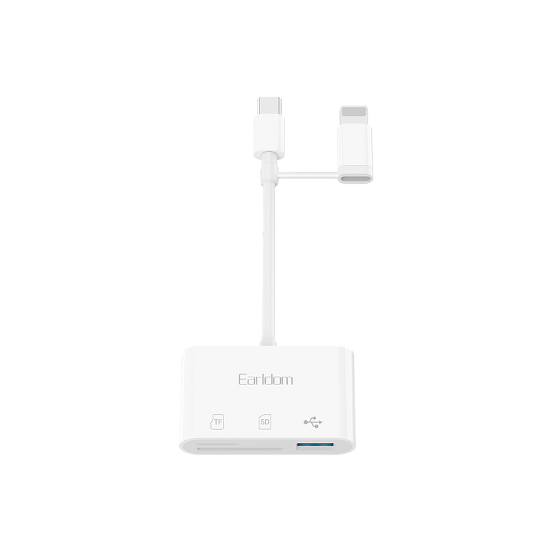 Earldom ET-OT106CL white 4-in-1 card reader with USB-C and Lightning plugs