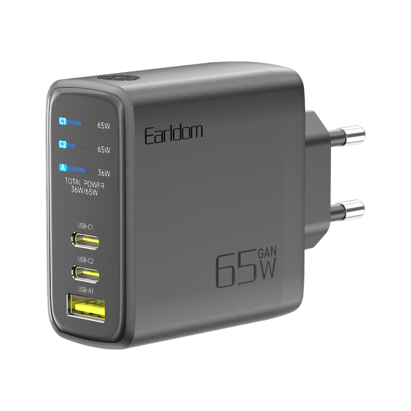 Earldom ES-EU58 GaN charger with AI screen, 2 USB-C and USB-A ports, EU plug