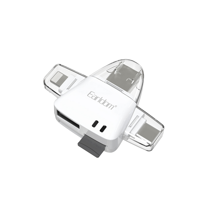 Earldom ET-OT95 white OTG card reader with a card inserted, angled view