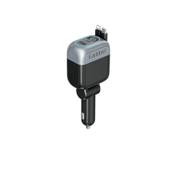 Earldom 65W Car Charger – PD45W + USB-A + Retractable USB-C, Digital Display, 180° Rotation