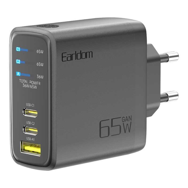 Earldom ES-EU59 65W GaN charger, 2 USB-C and USB-A with power display, EU plug