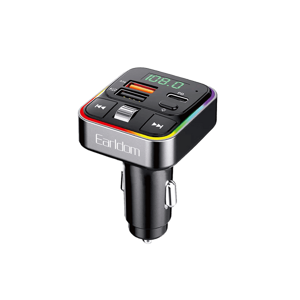 Earldom Bluetooth FM Transmitter – Dual USB Ports (USB-C + USB-A), 3.1A Output, Voltmeter Display, Multiple Cigarette Sockets