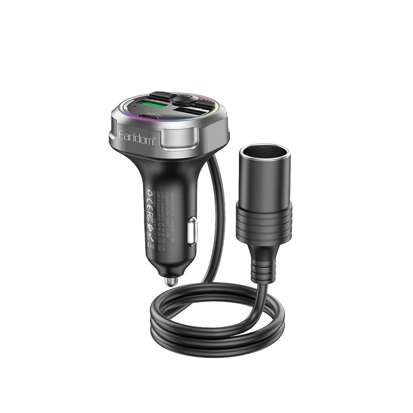 Earldom Bluetooth FM Transmitter – QC3.0 + PD Fast Charging, Dual USB Ports, Rear Cigarette Lighter Extension, Hands-Free Calling