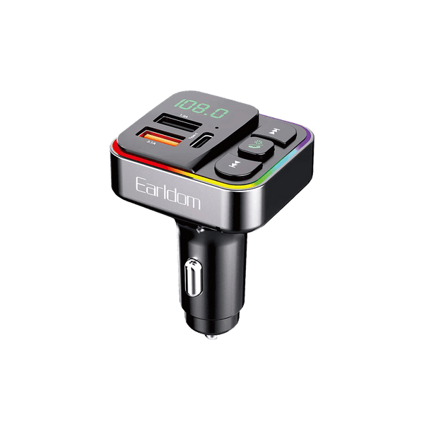 Earldom Bluetooth FM Transmitter – Dual USB Ports (USB-C + USB-A), 3.1A Total Output, Hands-Free Calling & Voltmeter Display