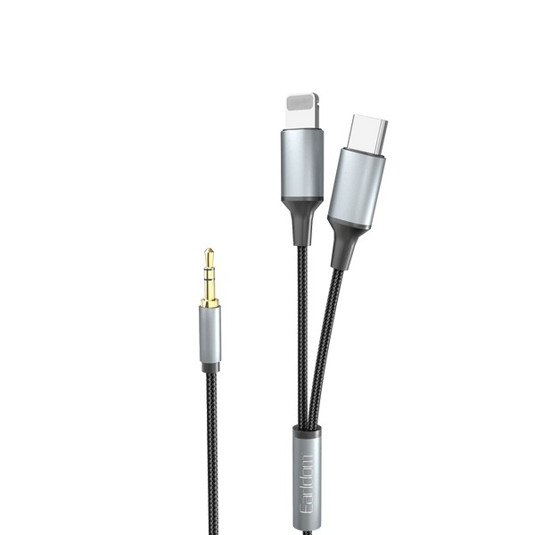 Earldom 2-in-1 3.5mm to Lightning + USB-C Audio Cable – 1.2M, Braided, Aluminum Alloy, for iPhone, iPad, Android