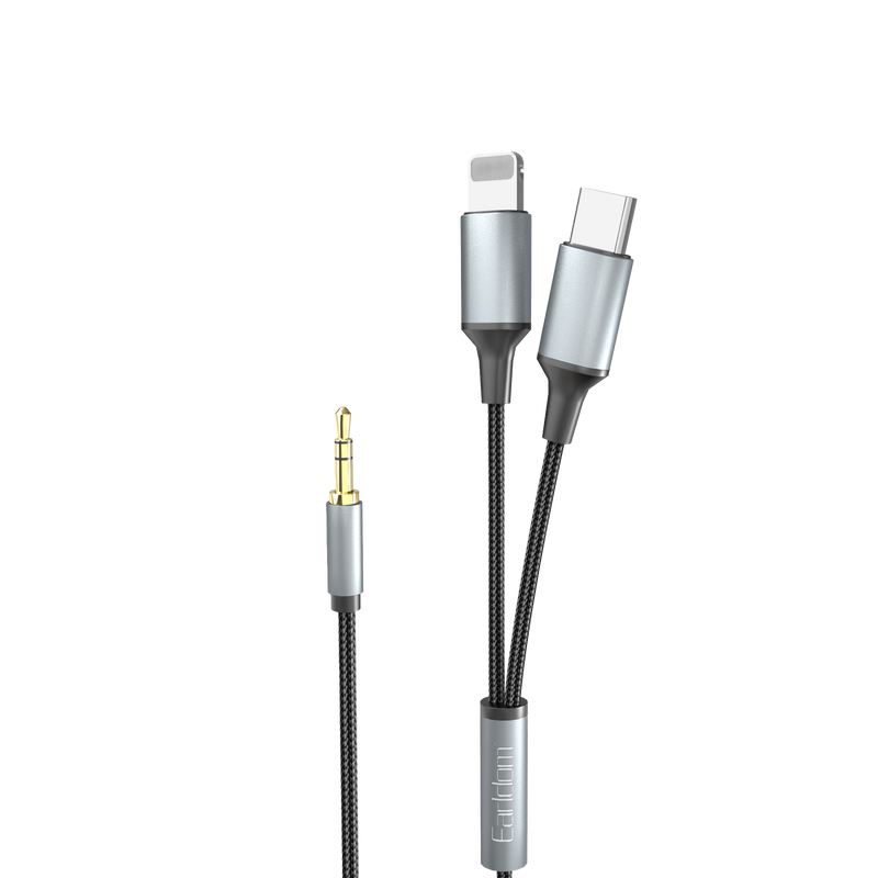 Earldom ET-AUX71 2-in-1 audio cable, 3.5mm to Lightning and USB-C, gray braided