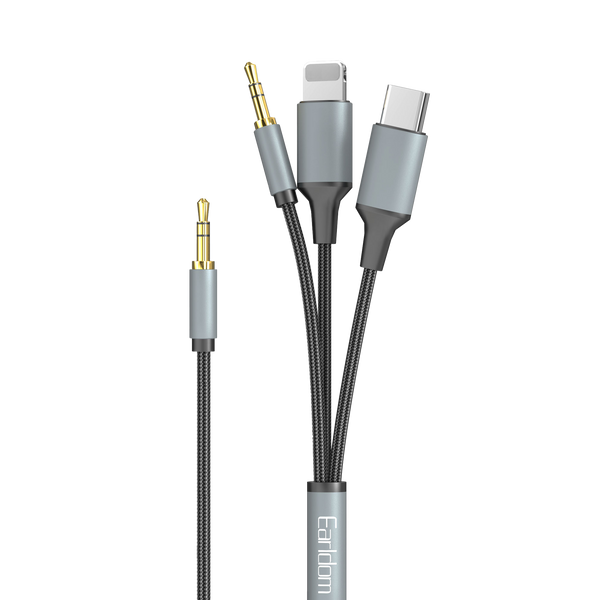 Earldom 3-in-1 3.5mm to Lightning + USB-C + 3.5mm Audio Cable – 1.2M, Braided, Aluminum Alloy, Universal Audio Solution