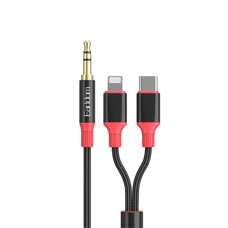 Earldom 2-in-1 3.5mm to Lightning + USB-C Audio Cable – 1.2M, Metal + Nylon, for iPhone, iPad, Android, Laptops