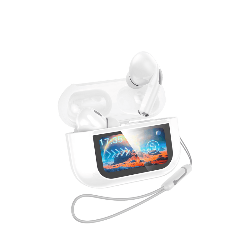 Earldom TWS40 white earbuds with LCD full-color screen charging case