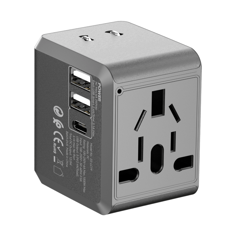 Earldom Universal Travel Adapter with 2 USB and 1 USB-C Ports (EU/US/UK)