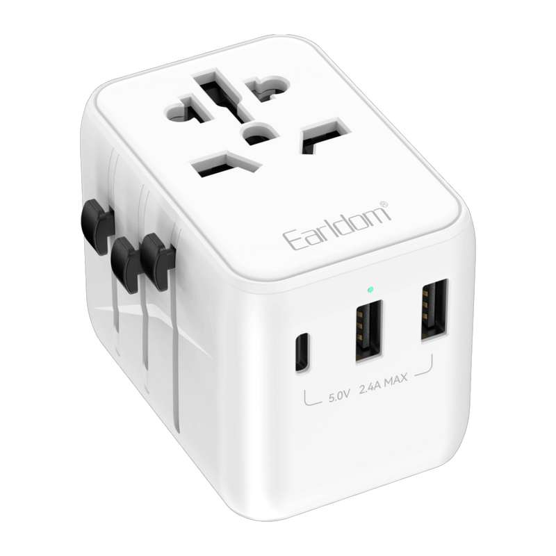 Earldom ES-LC16 white universal travel adapter with AC socket, 2 USB-A and 1 USB-C