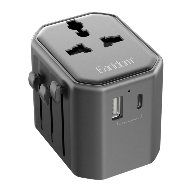 Earldom Universal Travel Adapter with 1 USB and 1 USB-C Ports (EU/US/UK)