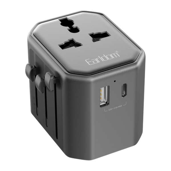 Earldom Universal Travel Adapter with 1 USB and 1 USB-C Ports (EU/US/UK)